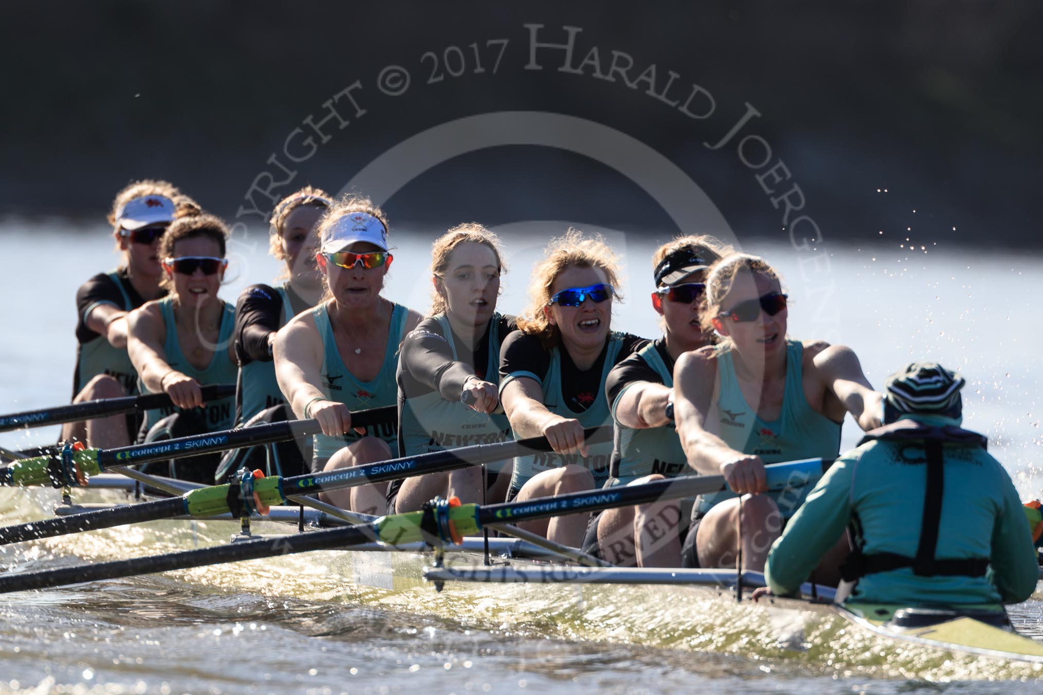 The Women's Boat Race season 2018 - fixture CUWBC vs. ULBC: The CUWBC Eight - here bow Ally French, 2 Robyn Hart-Winks, 3 Fionnuala Gannon, 4 Katherine Barnhill, 5 Hannah Roberts, 6 Oonagh Cousins, 7 Imogen Grant, stroke Tricia Smith, cox Sophie Shapter.
River Thames between Putney Bridge and Mortlake,
London SW15,

United Kingdom,
on 17 February 2018 at 13:31, image #144