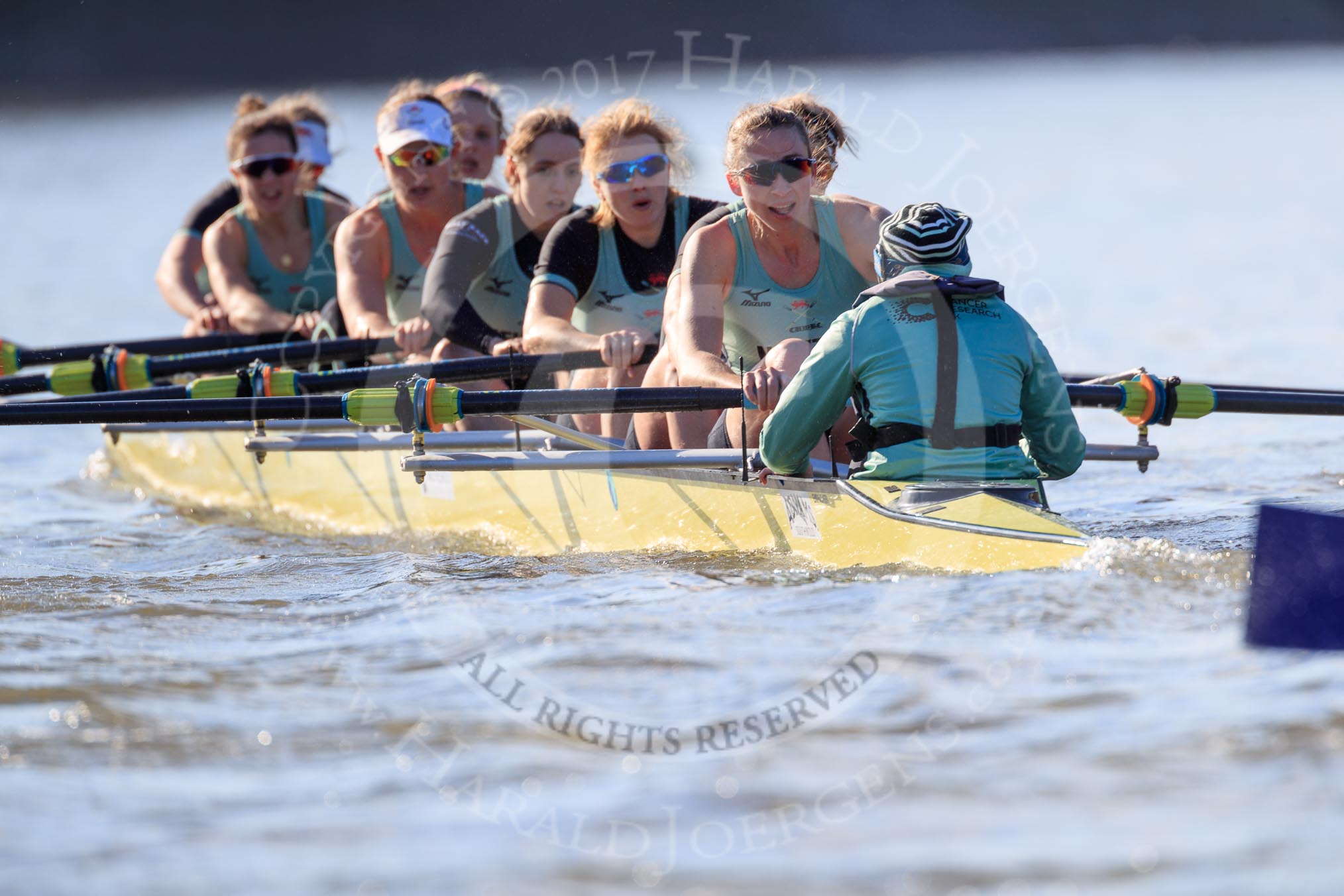 The Women's Boat Race season 2018 - fixture CUWBC vs. ULBC: The CUWBC Eight - here bow Ally French, 2 Robyn Hart-Winks, 3 Fionnuala Gannon, 4 Katherine Barnhill, 5 Hannah Roberts, 6 Oonagh Cousins, 7 Imogen Grant, stroke Tricia Smith, cox Sophie Shapter.
River Thames between Putney Bridge and Mortlake,
London SW15,

United Kingdom,
on 17 February 2018 at 13:32, image #147
