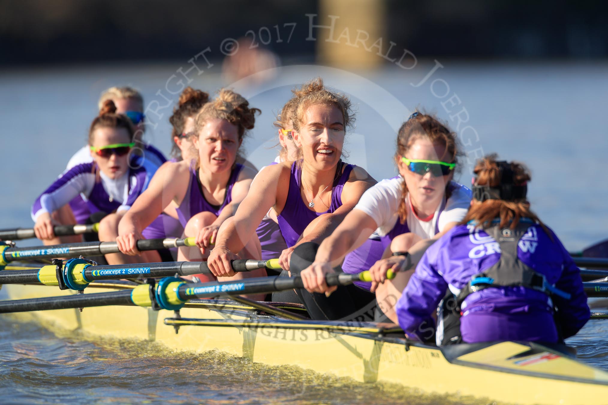 The Women's Boat Race season 2018 - fixture CUWBC vs. ULBC: The ULBC Eight - bow Ally French, 2 Robyn Hart-Winks, 3 Fionnuala Gannon, 4 Katherine Barnhill, 5 Hannah Roberts, 6 Oonagh Cousins, 7 Jordan Cole-Huissan, stroke Issy Powel, cox Lauren Holland.
River Thames between Putney Bridge and Mortlake,
London SW15,

United Kingdom,
on 17 February 2018 at 13:34, image #160