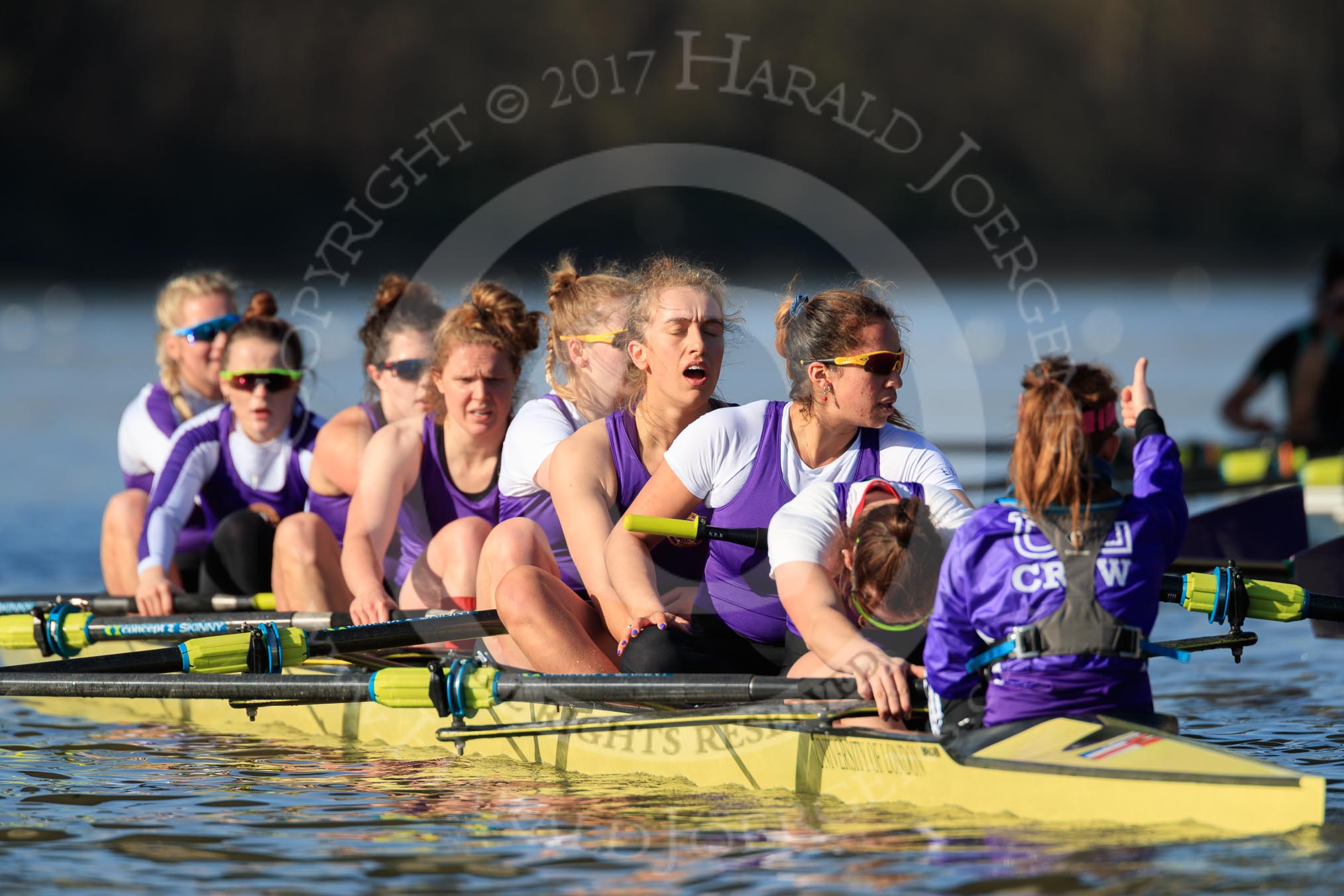 The Women's Boat Race season 2018 - fixture CUWBC vs. ULBC: ULBC, having crossed the finish line in second place again, bow Ally French, 2 Robyn Hart-Winks, 3 Fionnuala Gannon, 4 Katherine Barnhill, 5 Hannah Roberts, 6 Oonagh Cousins, 7 Jordan Cole-Huissan, stroke Issy Powel, cox Lauren Holland.
River Thames between Putney Bridge and Mortlake,
London SW15,

United Kingdom,
on 17 February 2018 at 13:35, image #175