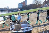 The Women's Boat Race season 2018 - fixture CUWBC vs. ULBC: The CUWBC crew carrying their boat from the boat house to the river.
River Thames between Putney Bridge and Mortlake,
London SW15,

United Kingdom,
on 17 February 2018 at 12:28, image #2