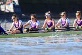 Photo 1802171309401X22189HaraldJoergens The Women's Boat Race season 2018 - fixture CUWBC vs. ULBC: The race has been started - ULBC with cox Lauren Holland, stroke Issy Powel, 7 Jordan Cole-Huissan, 6 Oonagh Cousins, 5 Hannah Roberts, 4 Katherine Barnhill.
River Thames between Putney Bridge and Mortlake,
London SW15,
United Kingdom,
on 17 February 2018 at 13:09, image #41