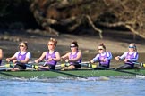 The Women's Boat Race season 2018 - fixture CUWBC vs. ULBC: The ULBC Eight, here 5 Hannah Roberts, 4 Katherine Barnhill, 3 Fionnuala Gannon, 2 Robyn Hart-Winks, bow Ally French.
River Thames between Putney Bridge and Mortlake,
London SW15,

United Kingdom,
on 17 February 2018 at 13:14, image #78