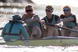 The Women's Boat Race season 2018 - fixture CUWBC vs. ULBC: The start to the second part of the race, here the CUWBC Eight with cox Sophie Shapter, stroke Tricia Smith, 7 Imogen Grant, 6 Anne Beenken.
River Thames between Putney Bridge and Mortlake,
London SW15,

United Kingdom,
on 17 February 2018 at 13:27, image #108