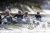 The Women's Boat Race season 2018 - fixture CUWBC vs. ULBC: The OUWBC Eight, here 4 Paula Wesselmann, 3 Alice White, 2 Myriam Goudet-Boukhatmi, bow Olivia Coffey.
River Thames between Putney Bridge and Mortlake,
London SW15,

United Kingdom,
on 17 February 2018 at 13:27, image #110