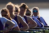 The Women's Boat Race season 2018 - fixture CUWBC vs. ULBC: A backlit shot of the ULBC Eight - 6 Oonagh Cousins, 5 Hannah Roberts, 4 Katherine Barnhill, 3 Fionnuala Gannon, 2 Robyn Hart-Winks, bow Ally French.
River Thames between Putney Bridge and Mortlake,
London SW15,

United Kingdom,
on 17 February 2018 at 13:29, image #127