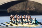 The Women's Boat Race season 2018 - fixture CUWBC vs. ULBC: The CUWBC Eight getting closer to the finish at Chiswick Bridge - bow Olivia Coffey, 2 Myriam Goudet-Boukhatmi, 3 Alice White, 4 Paula Wesselmann, 5 Thea Zabell, 6 Anne Beenken, 7 Imogen Grant, stroke Tricia Smith, cox Sophie Shapter.
River Thames between Putney Bridge and Mortlake,
London SW15,

United Kingdom,
on 17 February 2018 at 13:34, image #157