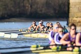 The Women's Boat Race season 2018 - fixture CUWBC vs. ULBC: ULBC and CUWBC - here, in the Cambridge  boat, bow Olivia Coffey, 2 Myriam Goudet-Boukhatmi, 3 Alice White, 4 Paula Wesselmann, 5 Thea Zabell, 6 Anne Beenken, 7 Imogen Grant, stroke Tricia Smith, cox Sophie Shapter.
River Thames between Putney Bridge and Mortlake,
London SW15,

United Kingdom,
on 17 February 2018 at 13:35, image #166