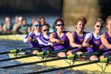 The Women's Boat Race season 2018 - fixture CUWBC vs. ULBC: ULBC and CUWBC - here, in the London boat, bow Ally French, 2 Robyn Hart-Winks, 3 Fionnuala Gannon, 4 Katherine Barnhill, 5 Hannah Roberts, 6 Oonagh Cousins.
River Thames between Putney Bridge and Mortlake,
London SW15,

United Kingdom,
on 17 February 2018 at 13:35, image #167