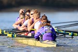 The Women's Boat Race season 2018 - fixture CUWBC vs. ULBC: ULBC, having crossed the finish line in second place again, bow Ally French, 2 Robyn Hart-Winks, 3 Fionnuala Gannon, 4 Katherine Barnhill, 5 Hannah Roberts, 6 Oonagh Cousins, 7 Jordan Cole-Huissan, stroke Issy Powel, cox Lauren Holland.
River Thames between Putney Bridge and Mortlake,
London SW15,

United Kingdom,
on 17 February 2018 at 13:35, image #172