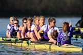 The Women's Boat Race season 2018 - fixture CUWBC vs. ULBC: ULBC, having crossed the finish line in second place again, bow Ally French, 2 Robyn Hart-Winks, 3 Fionnuala Gannon, 4 Katherine Barnhill, 5 Hannah Roberts, 6 Oonagh Cousins, 7 Jordan Cole-Huissan, stroke Issy Powel, cox Lauren Holland.
River Thames between Putney Bridge and Mortlake,
London SW15,

United Kingdom,
on 17 February 2018 at 13:35, image #175