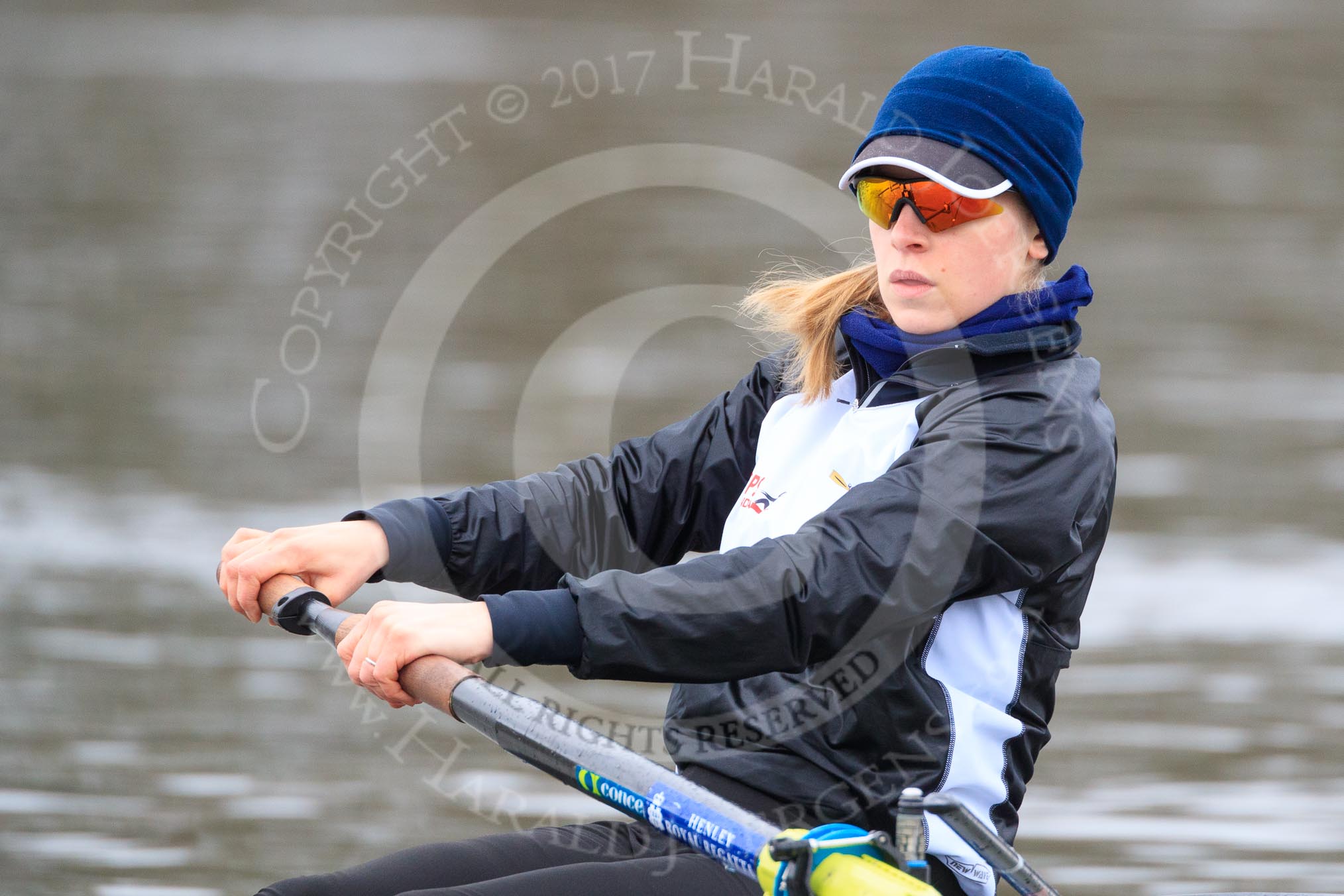 The Women's Boat Race season 2018 - fixture OUWBC vs. Molesey BC: Molesey's bow Emma Boyns.
River Thames between Putney Bridge and Mortlake,
London SW15,

United Kingdom,
on 04 March 2018 at 13:34, image #33