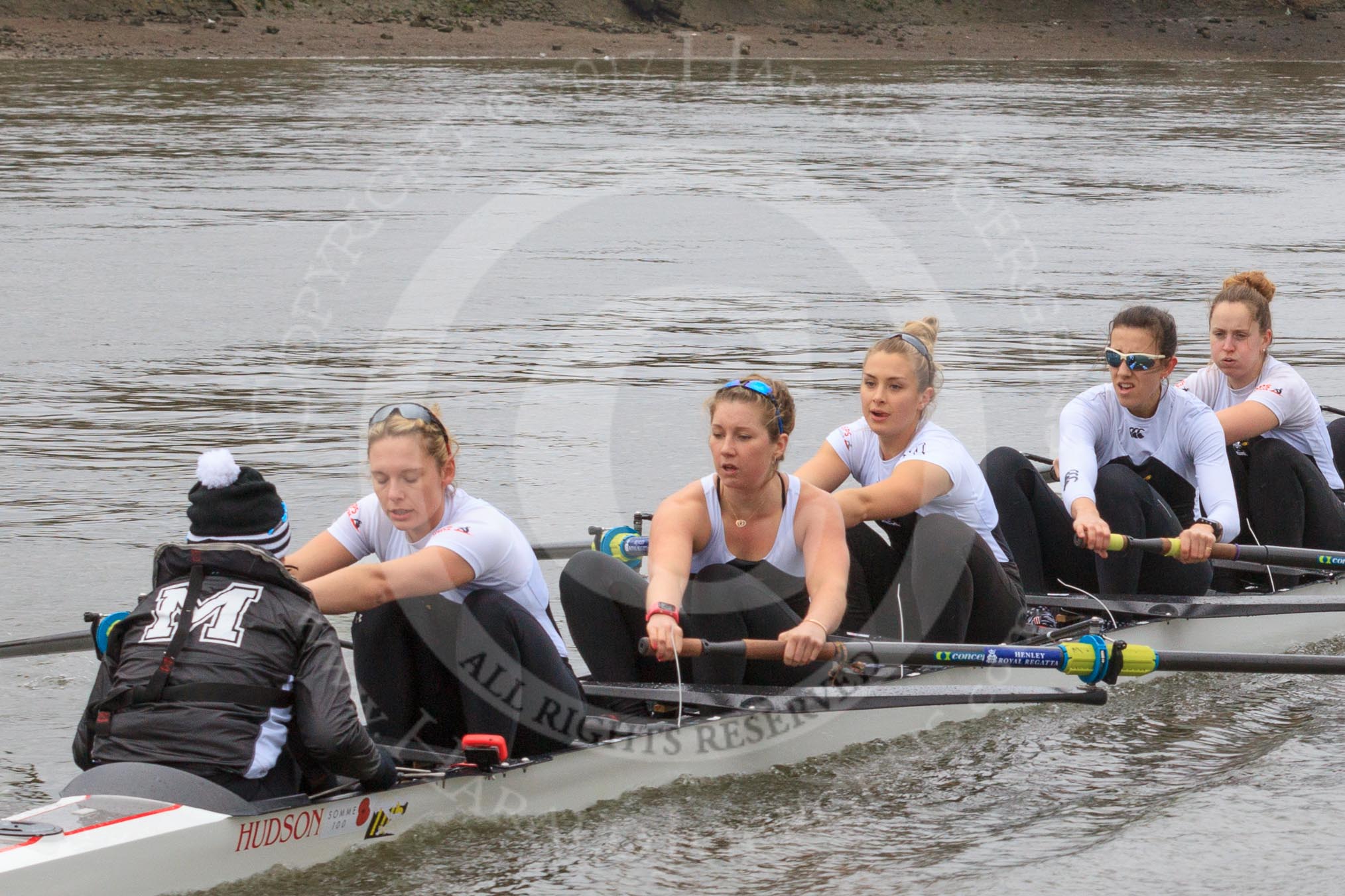 The Women's Boat Race season 2018 - fixture OUWBC vs. Molesey BC: The Molesey boat: Cox Ella Taylor, stroke Katie Bartlett, 7 Emma McDonald, 6 Molly Harding, 5 Ruth Whyman, 4 Claire McKeown.
River Thames between Putney Bridge and Mortlake,
London SW15,

United Kingdom,
on 04 March 2018 at 13:48, image #67