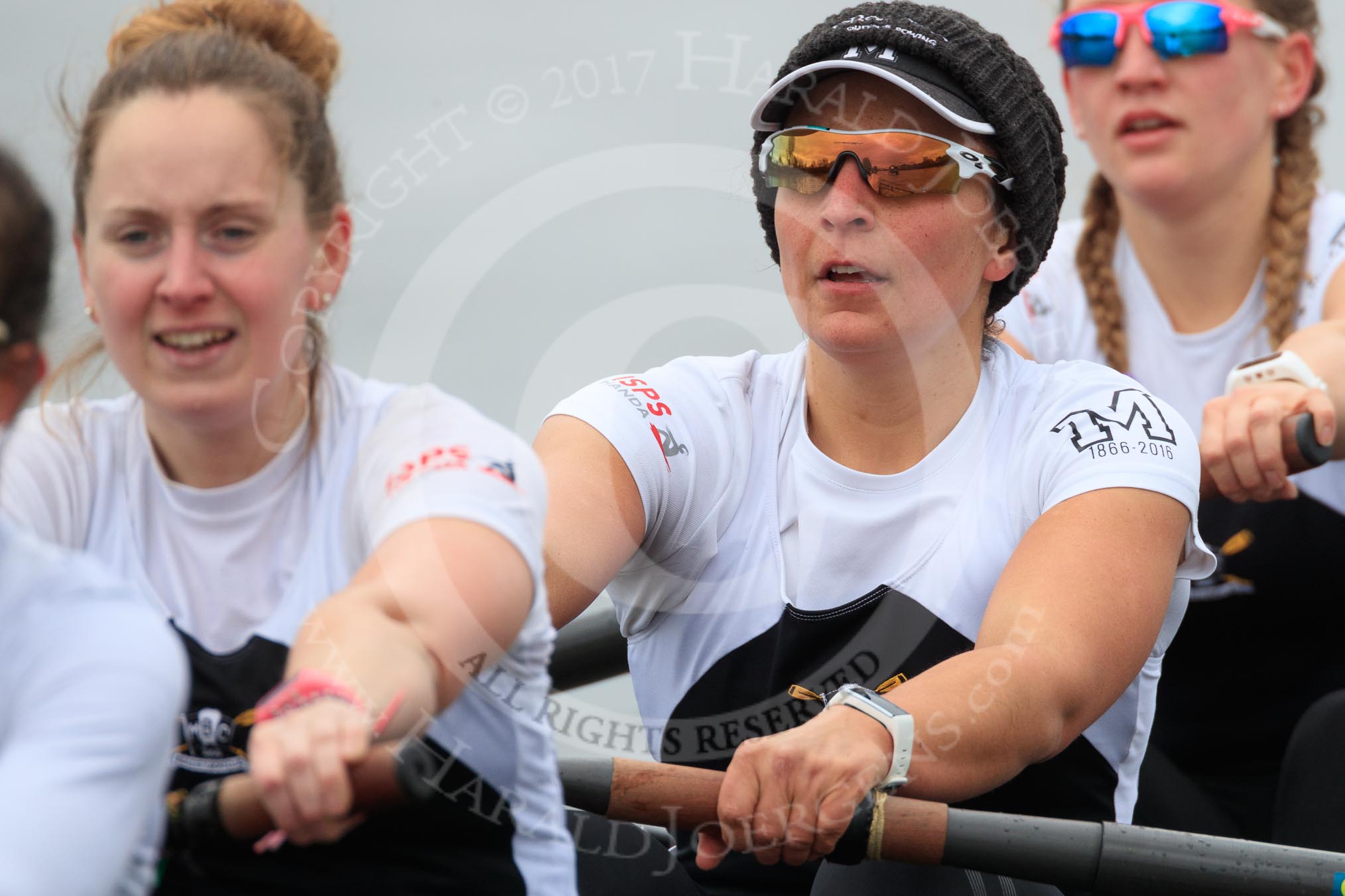 The Women's Boat Race season 2018 - fixture OUWBC vs. Molesey BC: The Molesey boat, here 4 Claire McKeown, 3 Gabby Rodriguez, 2 Lucy Primmer.
River Thames between Putney Bridge and Mortlake,
London SW15,

United Kingdom,
on 04 March 2018 at 13:49, image #75