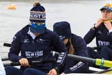 The Women's Boat Race season 2018 - fixture OUWBC vs. Molesey BC: OUWBC getting the boat ready on a cold and rainy day, here 4 seat "Ghost Ship" Alice Roberts, 3 Juliette Perry, 2 Katherine Erickson.
River Thames between Putney Bridge and Mortlake,
London SW15,

United Kingdom,
on 04 March 2018 at 13:05, image #5