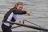 The Women's Boat Race season 2018 - fixture OUWBC vs. Molesey BC: Molesey stroke Katie Bartlett pointing.
River Thames between Putney Bridge and Mortlake,
London SW15,

United Kingdom,
on 04 March 2018 at 13:08, image #10