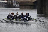 The Women's Boat Race season 2018 - fixture OUWBC vs. Molesey BC: Molesey, before the race, and in the rain: Cox Ella Taylor, stroke Katie Bartlett, 7 Emma McDonald, 6 Molly Harding, 5 Ruth Whyman, 4 Claire McKeown, 3 Gabby Rodriguez, 2 Lucy Primmer, bow Emma Boyns.
River Thames between Putney Bridge and Mortlake,
London SW15,

United Kingdom,
on 04 March 2018 at 13:33, image #32