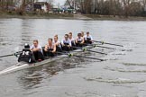 The Women's Boat Race season 2018 - fixture OUWBC vs. Molesey BC: Molesey falling a bit behind: Cox Ella Taylor, stroke Katie Bartlett, 7 Emma McDonald, 6 Molly Harding, 5 Ruth Whyman, 4 Claire McKeown, 3 Gabby Rodriguez, 2 Lucy Primmer, bow Emma Boyns.
River Thames between Putney Bridge and Mortlake,
London SW15,

United Kingdom,
on 04 March 2018 at 13:46, image #60