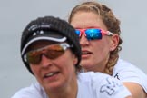 The Women's Boat Race season 2018 - fixture OUWBC vs. Molesey BC: Molesey's 3 seat Gabby Rodriguez and  2 Lucy Primmer, with the boat mirrored in her sunglasses.
River Thames between Putney Bridge and Mortlake,
London SW15,

United Kingdom,
on 04 March 2018 at 13:49, image #73