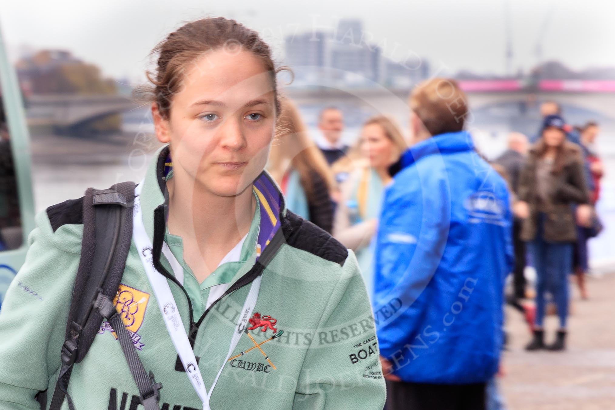 The Cancer Research UK Women's Boat Race 2018: Cambridge bow seat Tricia Smith arriving at the boathouses before the race.
River Thames between Putney Bridge and Mortlake,
London SW15,

United Kingdom,
on 24 March 2018 at 13:54, image #13
