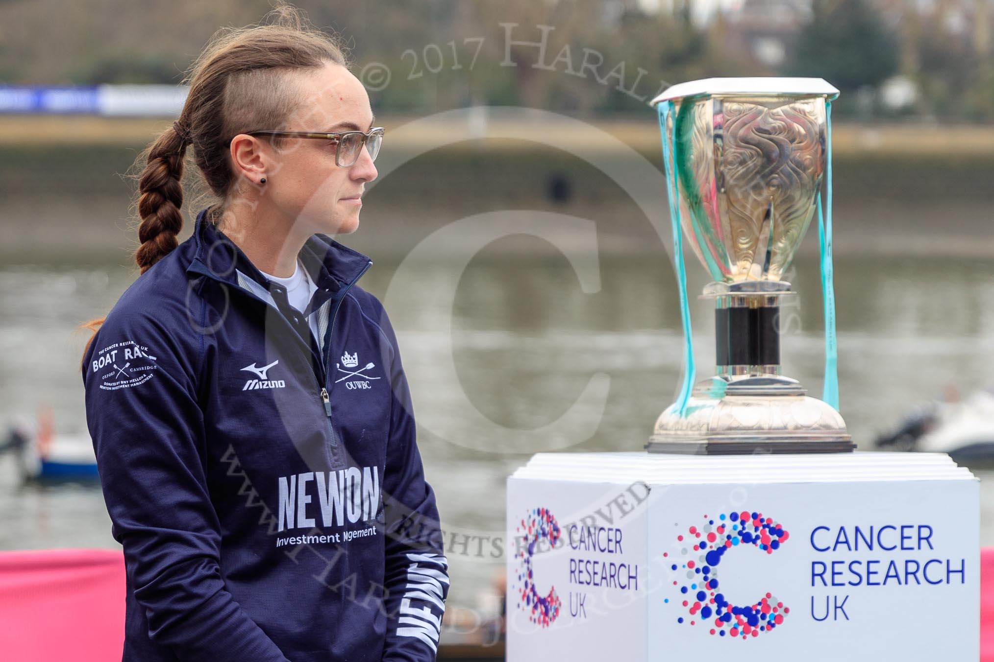 The Cancer Research UK Women's Boat Race 2018: OUWBC president and Oxford 2 seat Katherine Erickson with the Women's Boat Race trophy at the toss.
River Thames between Putney Bridge and Mortlake,
London SW15,

United Kingdom,
on 24 March 2018 at 14:40, image #40