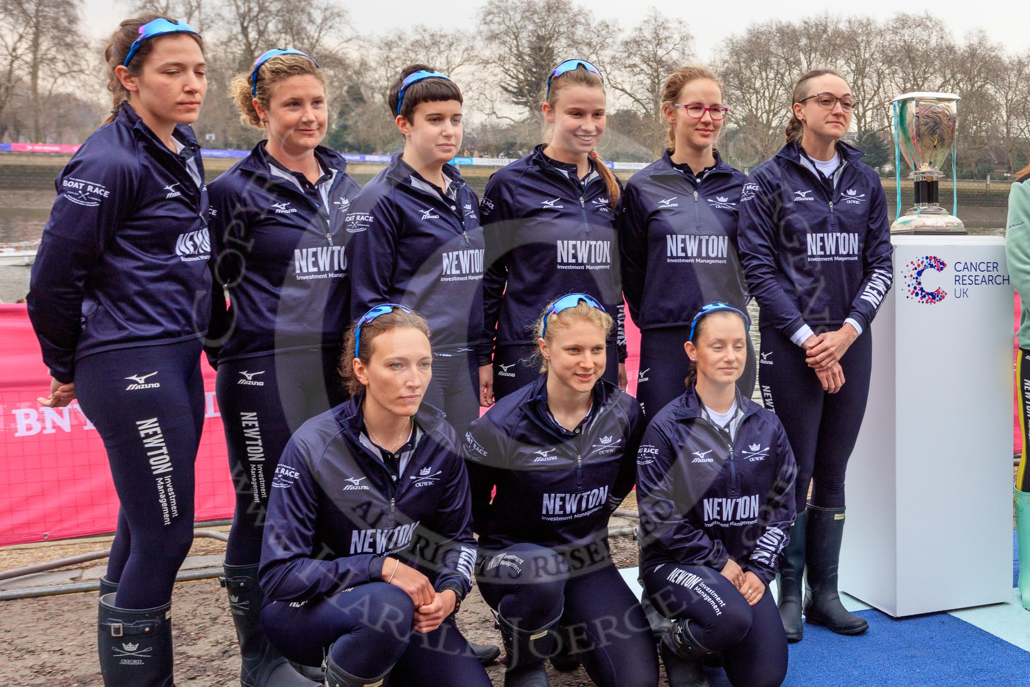 The Cancer Research UK Women's Boat Race 2018: The Oxford Blue Boat crew after the toss -  6 Sara Kushma, 5 Morgan McGovern, 4 Alice Roberts, 3 Juliette Perry, 2 - Katherine Erickson, bow Renée Koolschijn, 7 Abigail Killen, stroke Beth Bridgman, and cox Jessica Buck.
River Thames between Putney Bridge and Mortlake,
London SW15,

United Kingdom,
on 24 March 2018 at 14:42, image #53