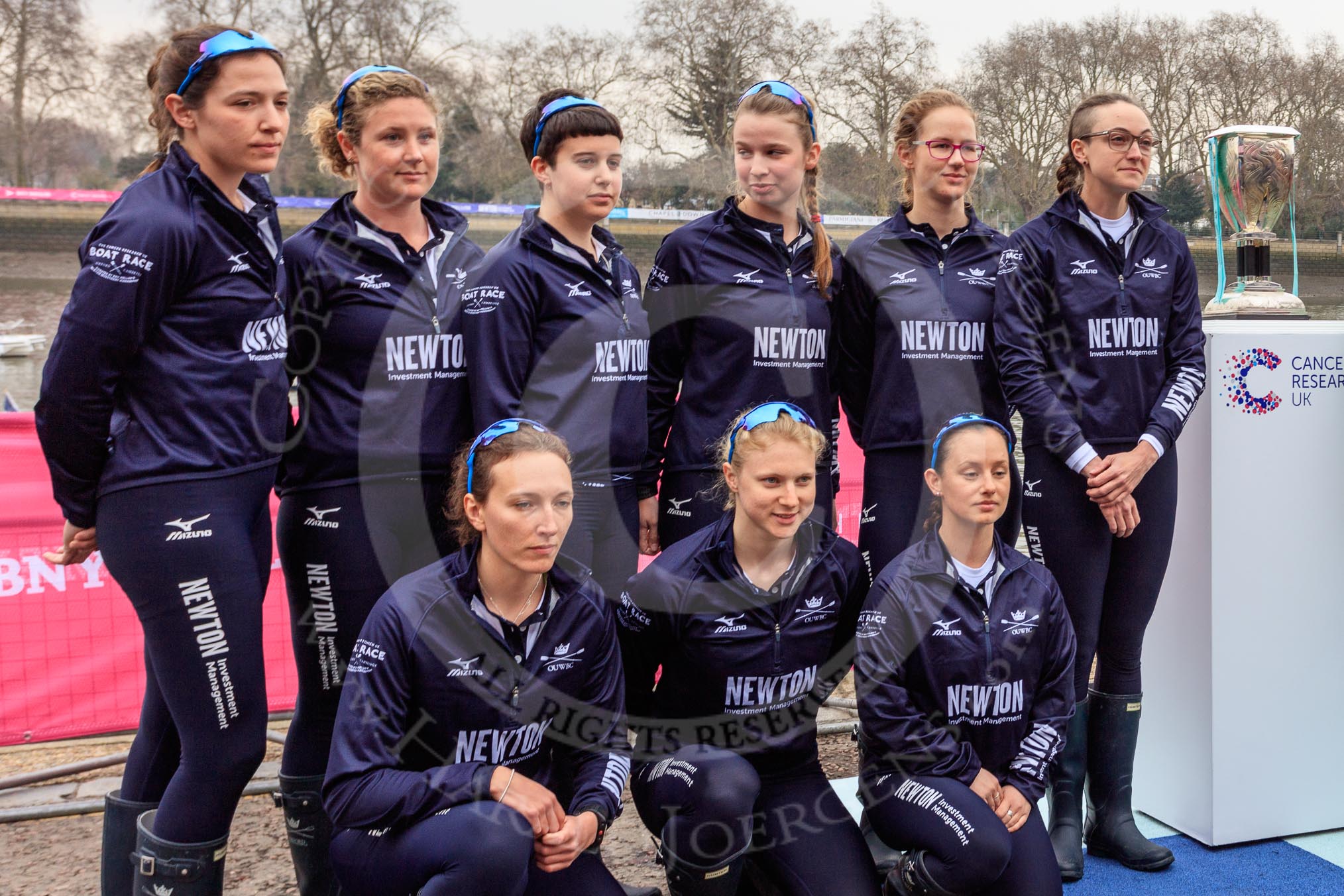 The Cancer Research UK Women's Boat Race 2018: The Oxford Blue Boat crew after the toss -  6 Sara Kushma, 5 Morgan McGovern, 4 Alice Roberts, 3 Juliette Perry, 2 - Katherine Erickson, bow Renée Koolschijn, 7 Abigail Killen, stroke Beth Bridgman, and cox Jessica Buck.
River Thames between Putney Bridge and Mortlake,
London SW15,

United Kingdom,
on 24 March 2018 at 14:42, image #57