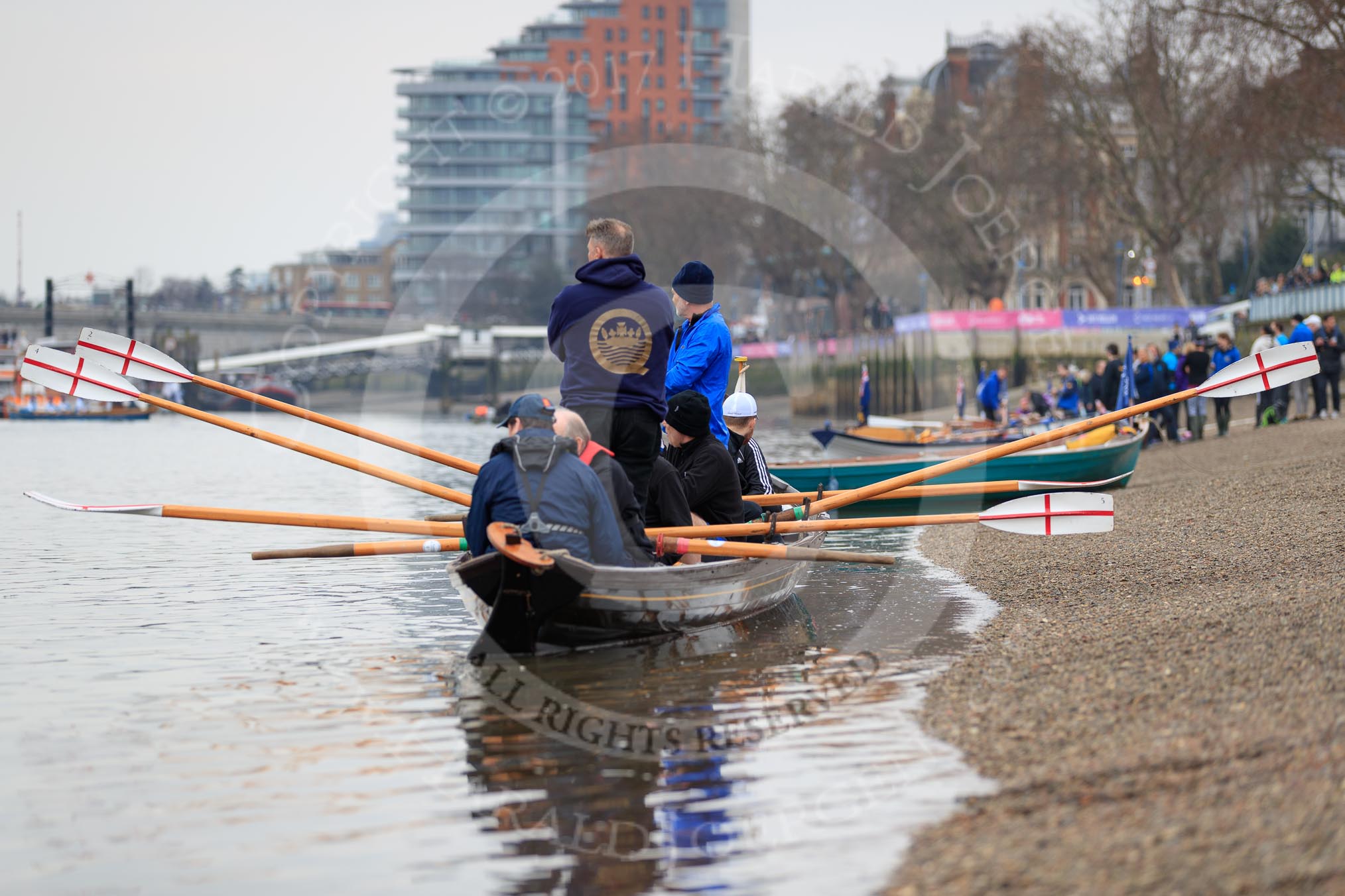 The Cancer Research UK Women's Boat Race 2018: One of the historic rowing boats that keep the public entertained before the race.
River Thames between Putney Bridge and Mortlake,
London SW15,

United Kingdom,
on 24 March 2018 at 15:14, image #75