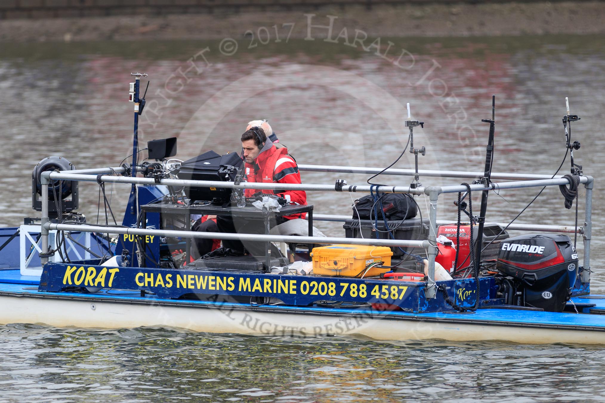 The Cancer Research UK Women's Boat Race 2018: The Chas Newens Marine catamaran "Korat", used as a camera platform for BBC Sport.
River Thames between Putney Bridge and Mortlake,
London SW15,

United Kingdom,
on 24 March 2018 at 15:30, image #83