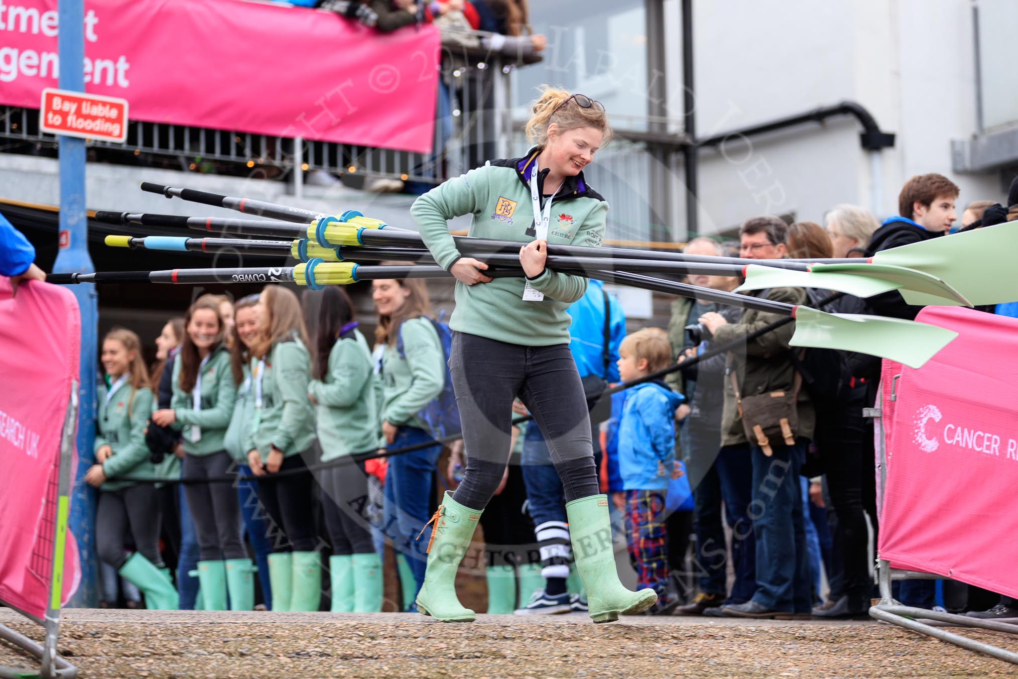 The Cancer Research UK Women's Boat Race 2018: The Cambridge women, as winners of the previous years race, are the first to come out of the boathouse.
River Thames between Putney Bridge and Mortlake,
London SW15,

United Kingdom,
on 24 March 2018 at 15:33, image #84