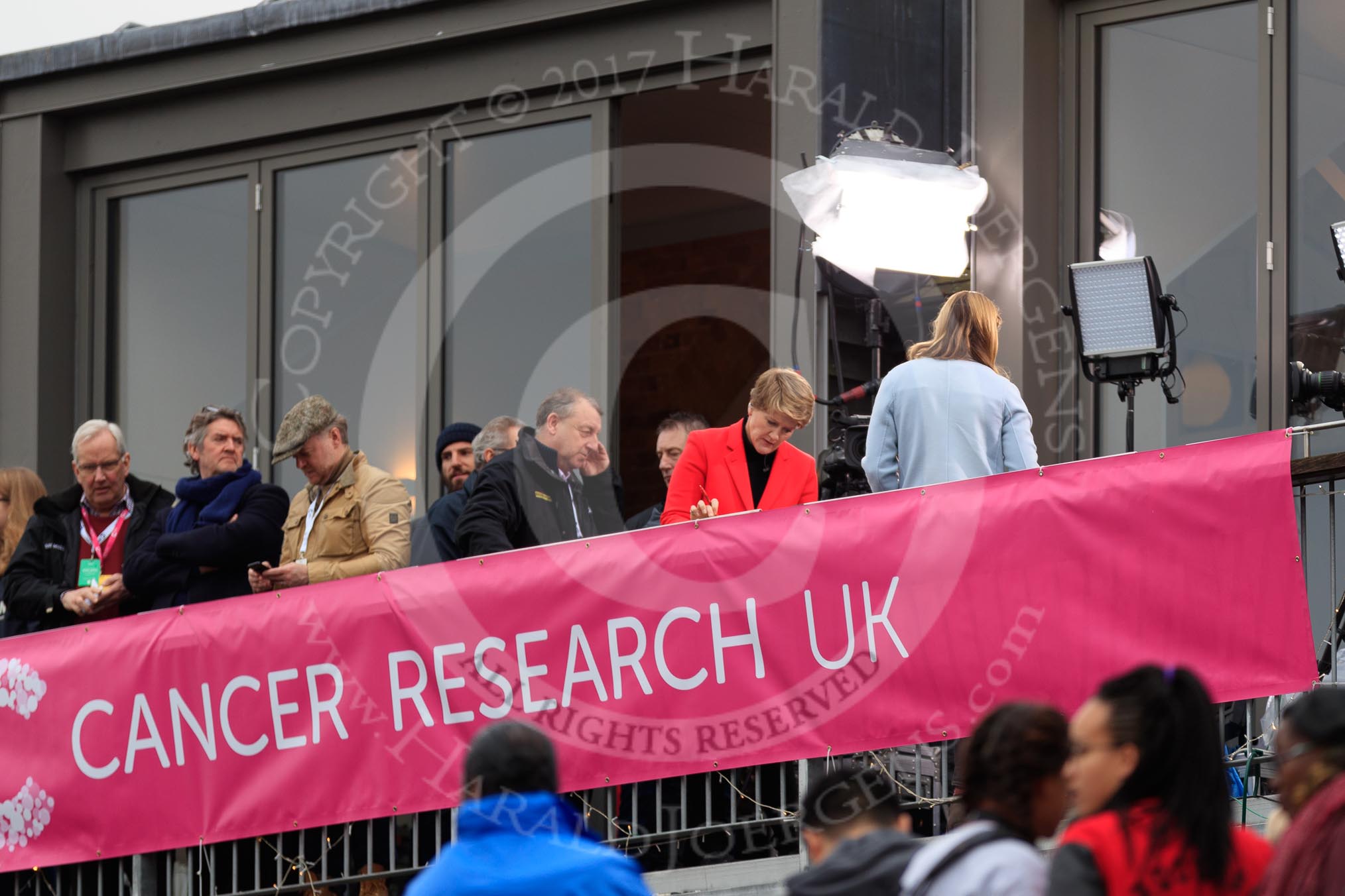 The Cancer Research UK Women's Boat Race 2018: BBC presenter Clare Balding on the balcony of the Thames RC boathouse, the media centre during race day.
River Thames between Putney Bridge and Mortlake,
London SW15,

United Kingdom,
on 24 March 2018 at 15:41, image #87