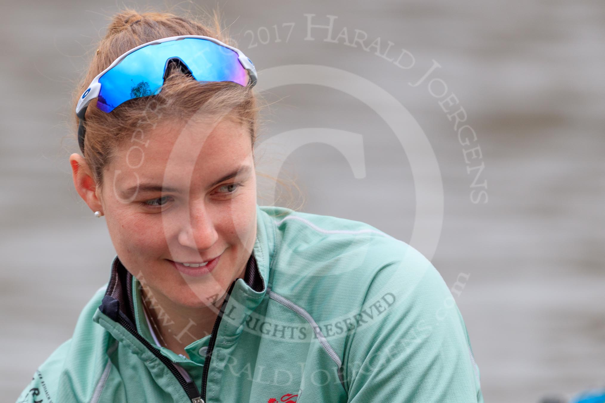 The Cancer Research UK Women's Boat Race 2018: Close-up of Myriam Goudet-Boukhatmi, 7 seat for Cambridge.
River Thames between Putney Bridge and Mortlake,
London SW15,

United Kingdom,
on 24 March 2018 at 15:47, image #120