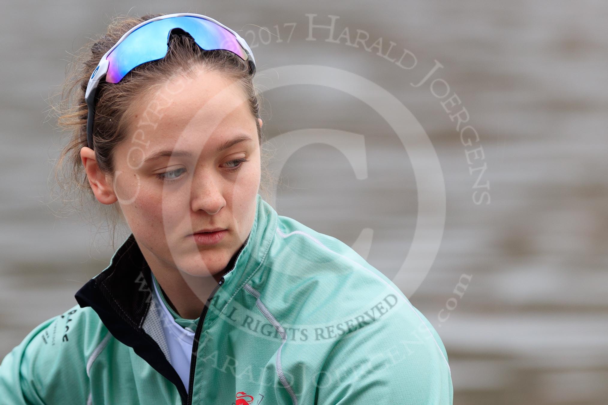 The Cancer Research UK Women's Boat Race 2018: Close-up of Tricia Smith, bow seat for Cambridge.
River Thames between Putney Bridge and Mortlake,
London SW15,

United Kingdom,
on 24 March 2018 at 15:48, image #126