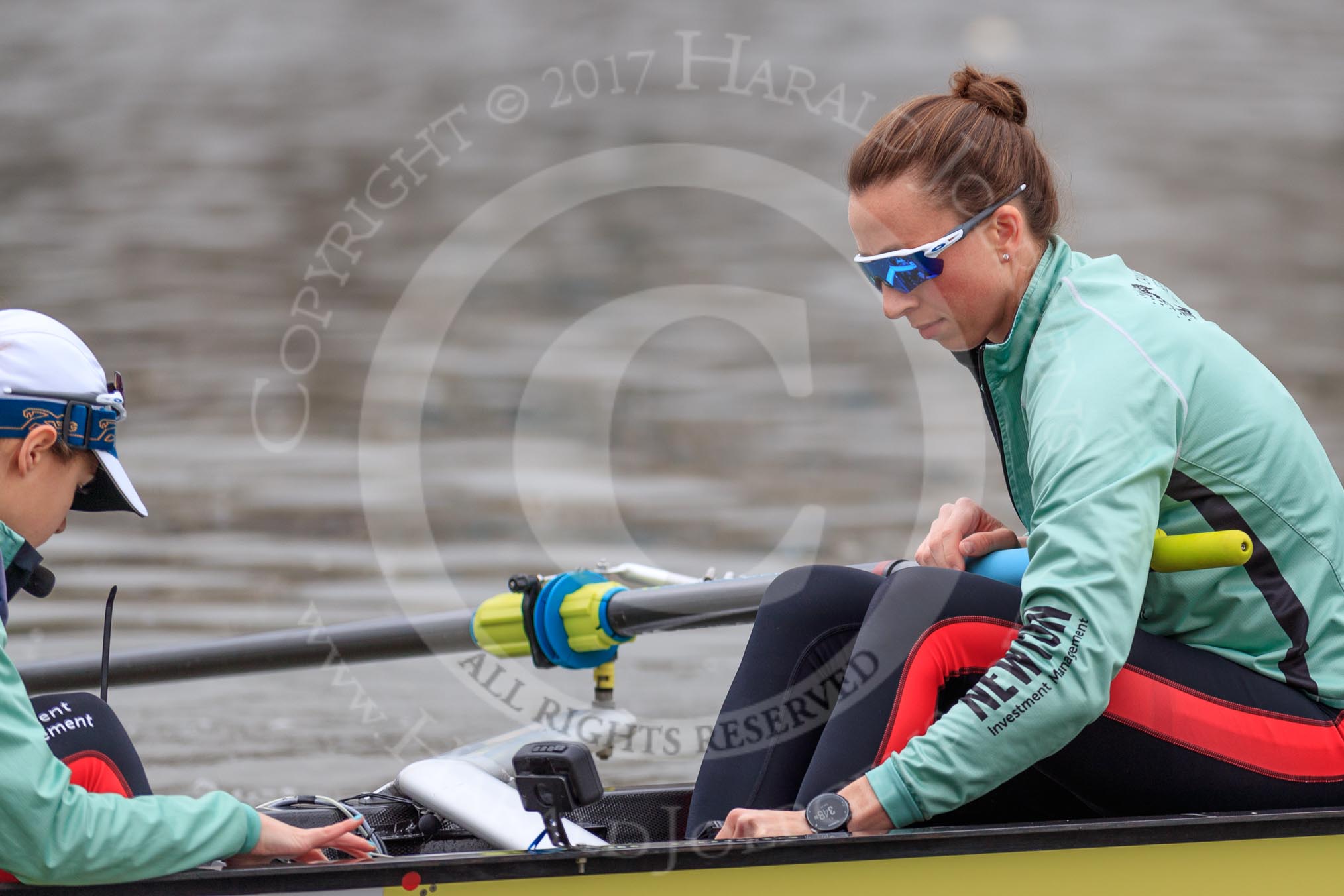 The Cancer Research UK Women's Boat Race 2018: Cambridge cox Sophie Shapter  and stroke Olivia Coffey.
River Thames between Putney Bridge and Mortlake,
London SW15,

United Kingdom,
on 24 March 2018 at 15:48, image #133