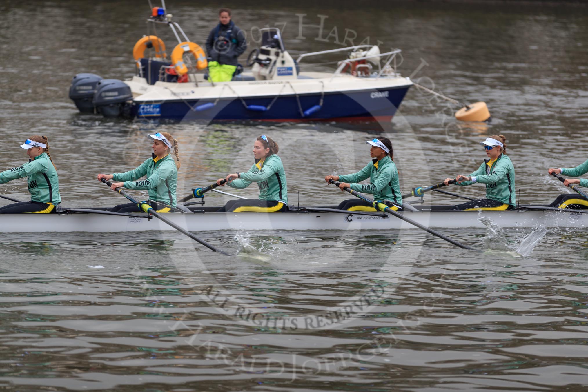 The Cancer Research UK Women's Boat Race 2018: The Cambridge reserve boat Blondie, here  stroke Millie Perrin, 7 Lucy Pike, 6 Larkin Sayre, 5 Daphne Martschenko, 4 Laura Foster, 3 Anne Beenken.
River Thames between Putney Bridge and Mortlake,
London SW15,

United Kingdom,
on 24 March 2018 at 16:03, image #138