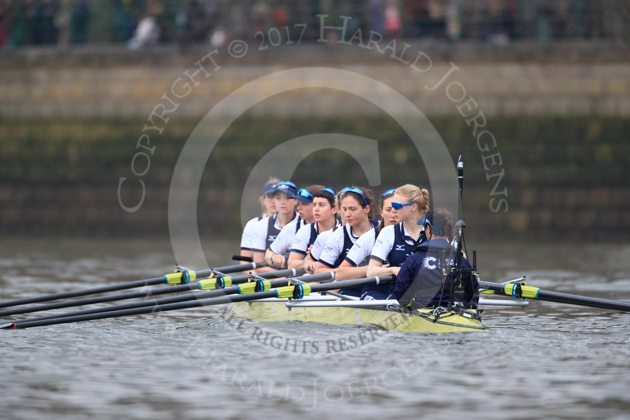 The Cancer Research UK Women's Boat Race 2018: The Oxford women getting ready for the start of the Women's Boat Race - bow Renée Koolschijn, 2 Katherine Erickson, 3 Juliette Perry, 4 Alice Roberts, 5 Morgan McGovern, 6 Sara Kushma, 7 Abigail Killen, stroke Beth Bridgman, cox Jessica Buck.
River Thames between Putney Bridge and Mortlake,
London SW15,

United Kingdom,
on 24 March 2018 at 16:22, image #147