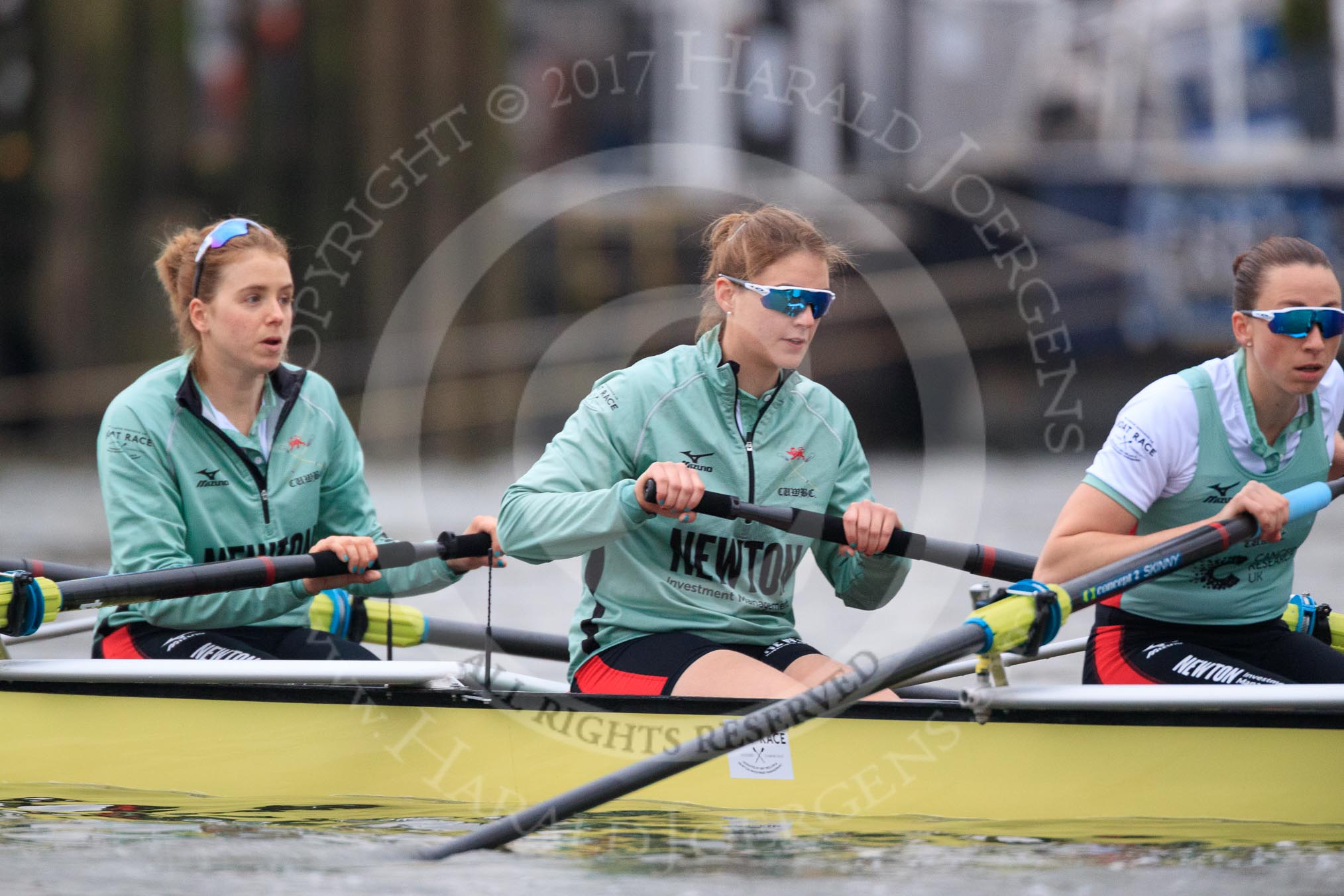 The Cancer Research UK Women's Boat Race 2018: Cambridge 6 seat Alice White, 7 Myriam Goudet-Boukhatmi, and stroke Olivia Coffey before the start of the Women's Boat Race.
River Thames between Putney Bridge and Mortlake,
London SW15,

United Kingdom,
on 24 March 2018 at 16:22, image #150
