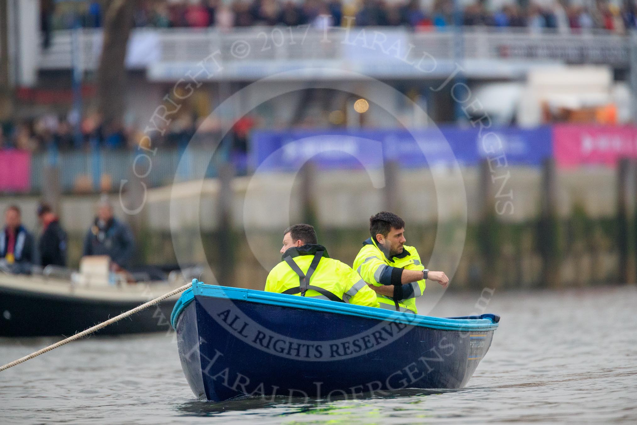 The Cancer Research UK Women's Boat Race 2018: One of the two stake boats at the start line near Putney Bridge.
River Thames between Putney Bridge and Mortlake,
London SW15,

United Kingdom,
on 24 March 2018 at 16:23, image #152