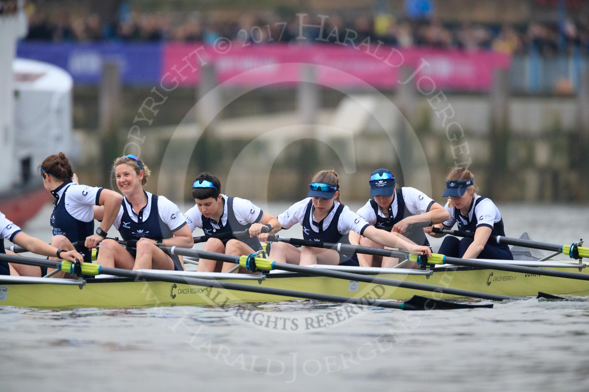 The Cancer Research UK Women's Boat Race 2018: The Oxford Blue Boat, getting ready for the start of the race - 6 Sara Kushma, 5 Morgan McGovern, 4 Alice Roberts, 3 Juliette Perry, 2 Katherine Erickson, bow Renée Koolschijn.
River Thames between Putney Bridge and Mortlake,
London SW15,

United Kingdom,
on 24 March 2018 at 16:28, image #156