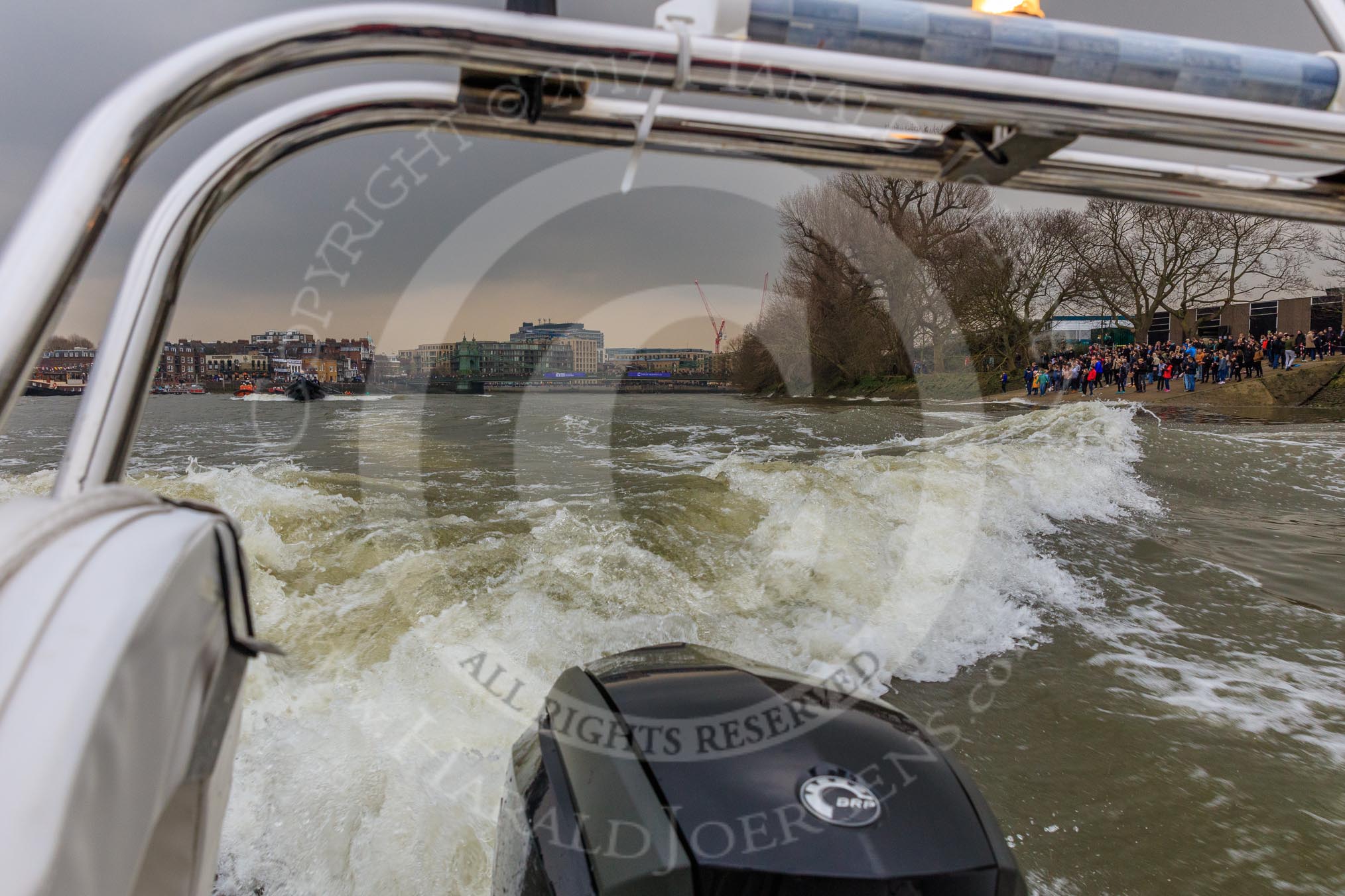 The Cancer Research UK Women's Boat Race 2018: The waves behind the press launch give an idea how fast the rowers are - they are fast!.
River Thames between Putney Bridge and Mortlake,
London SW15,

United Kingdom,
on 24 March 2018 at 16:40, image #185