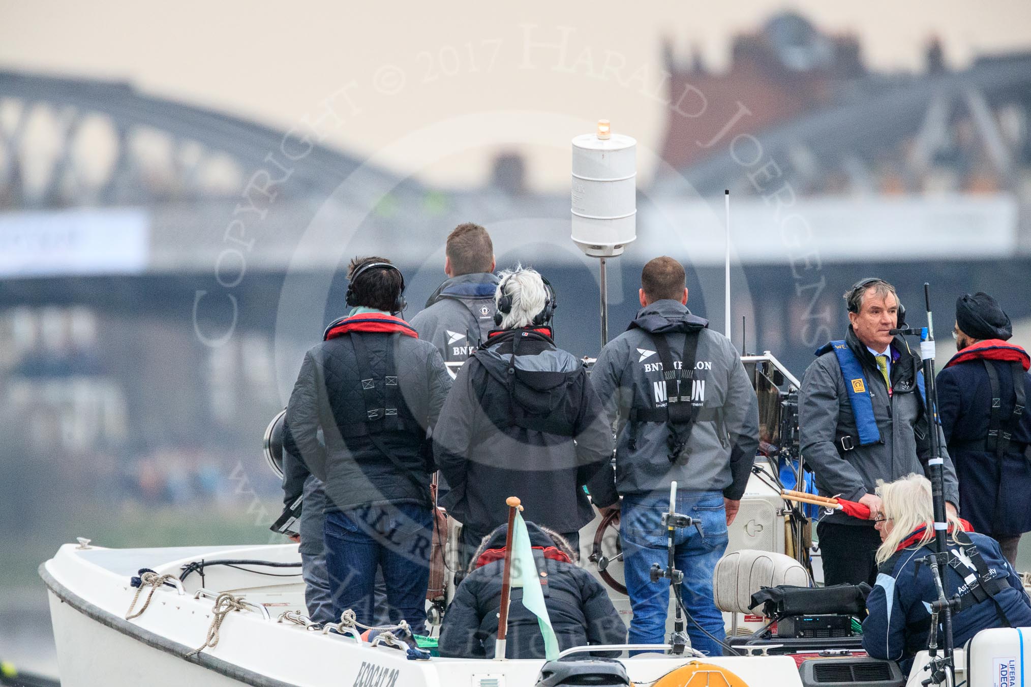 The Cancer Research UK Women's Boat Race 2018: The umpire's launch, with race umpire Sire Matthew Pinsent in front.
River Thames between Putney Bridge and Mortlake,
London SW15,

United Kingdom,
on 24 March 2018 at 16:46, image #195