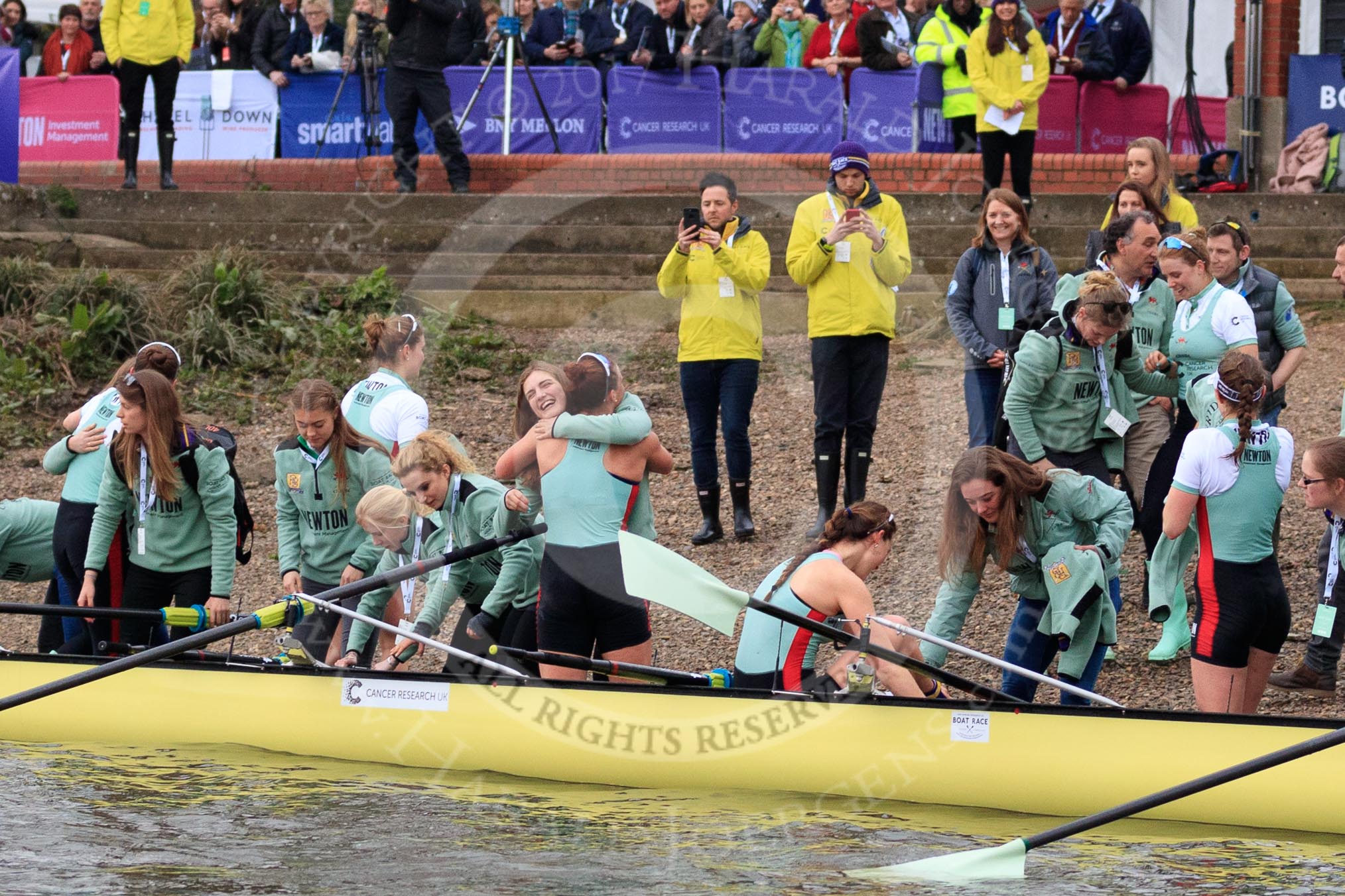 The Cancer Research UK Women's Boat Race 2018: The Cambridge women. having won the 2018 Women's Boat Race, arrive at Mortlake Boat Club.
River Thames between Putney Bridge and Mortlake,
London SW15,

United Kingdom,
on 24 March 2018 at 16:55, image #227