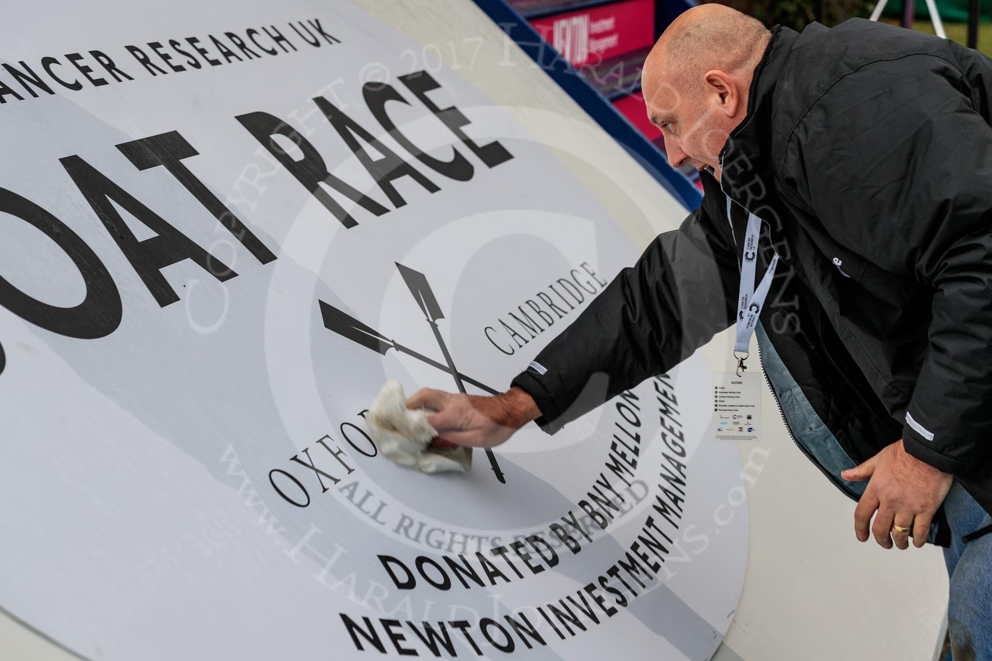 The Cancer Research UK Women's Boat Race 2018: Cleaning up after the Women's Boat Race, there will be more champagne all over the place after the men's race.
River Thames between Putney Bridge and Mortlake,
London SW15,

United Kingdom,
on 24 March 2018 at 17:13, image #313