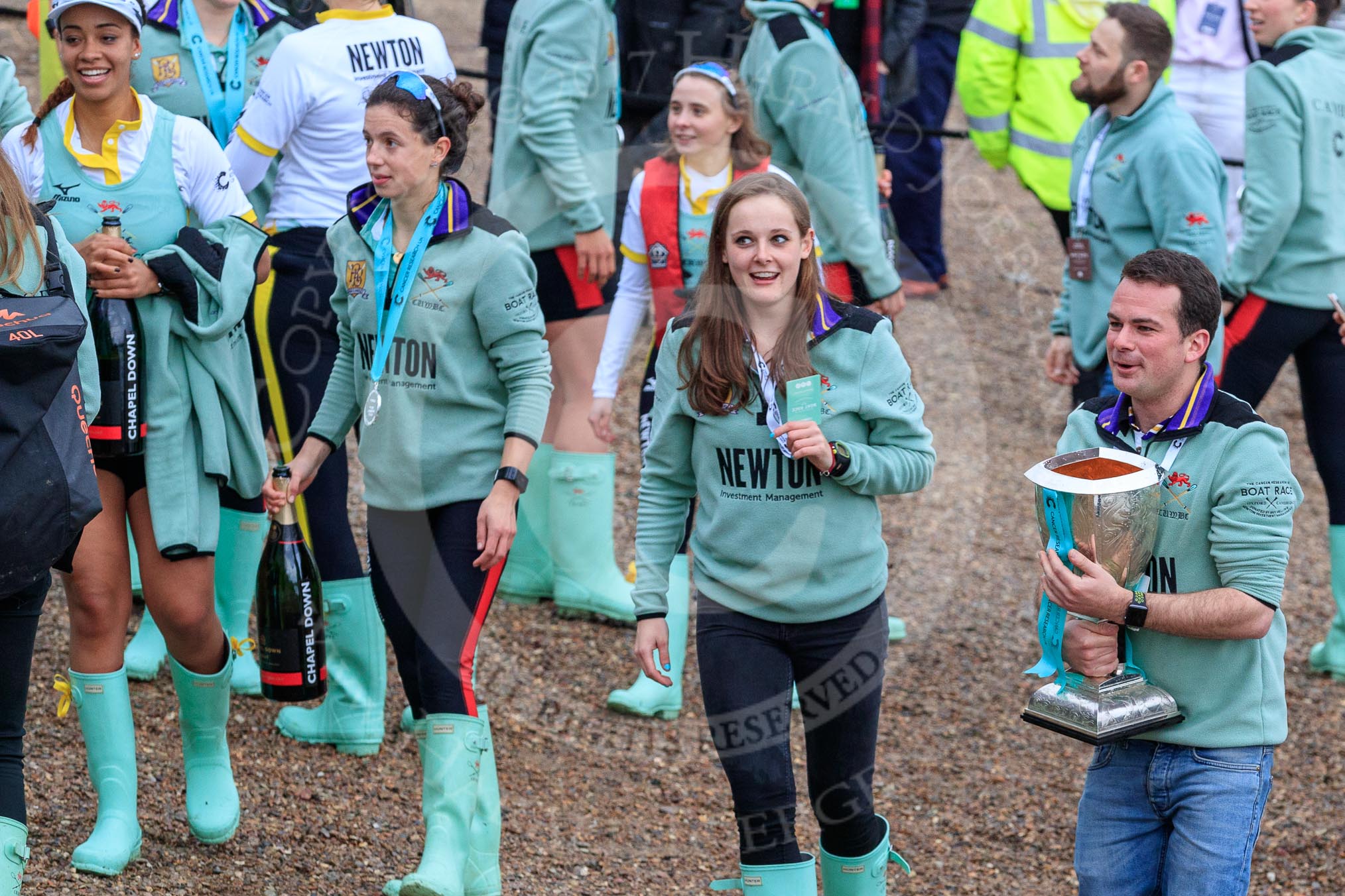 The Cancer Research UK Women's Boat Race 2018: CUWBC club coordinator James Lee woth the Women's Boat Race trophy.
River Thames between Putney Bridge and Mortlake,
London SW15,

United Kingdom,
on 24 March 2018 at 17:15, image #317