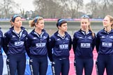 The Cancer Research UK Women's Boat Race 2018: Oxford women at the toss - 6 seat Sara Kushma, 5 Morgan McGovern, 4 Alice Roberts, 3 Juliette Perry, and bow Renée Koolschijn.
River Thames between Putney Bridge and Mortlake,
London SW15,

United Kingdom,
on 24 March 2018 at 14:40, image #32