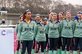 The Cancer Research UK Women's Boat Race 2018: The Cambridge women at the toss - president Daphne Martschenko, cox Sophie Shapter, 6 seat Alice White, 7  Myriam Goudet-Boukhatmi, stroke Olivia Coffey, and behind 2  Imogen Grant, 3 Kelsey Barolak, 4 Thea Zabell, and 5 Paula Wesselmann.
River Thames between Putney Bridge and Mortlake,
London SW15,

United Kingdom,
on 24 March 2018 at 14:40, image #33