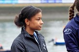 The Cancer Research UK Women's Boat Race 2018: Zahara Alacia, a 15 years old member of the Boat Race Future Blues Programme, about to through the coin at the toss.
River Thames between Putney Bridge and Mortlake,
London SW15,

United Kingdom,
on 24 March 2018 at 14:40, image #39