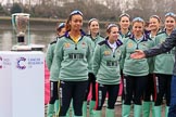 The Cancer Research UK Women's Boat Race 2018: The Cambridge crew with the Women's Boat Race trophy at the toss - president Daphne Martschenko (rowing in the reserve boat), cox Sophie Shapter, 6 Alice White, 7 Myriam Goudet-Boukhatmi, and in the second row 2 seat Imogen Grant, 3 Kelsey Barolak, 4 Thea Zabell, and 5 Paula Wesselmann.
River Thames between Putney Bridge and Mortlake,
London SW15,

United Kingdom,
on 24 March 2018 at 14:41, image #44