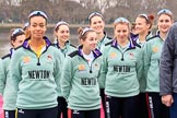 The Cancer Research UK Women's Boat Race 2018: The Cambridge crew  at the toss - president Daphne Martschenko (rowing in the reserve boat), cox Sophie Shapter, 6 Alice White, 7 Myriam Goudet-Boukhatmi, and in the second row 2 seat Imogen Grant, 3 Kelsey Barolak, 4 Thea Zabell, and 5 Paula Wesselmann.
River Thames between Putney Bridge and Mortlake,
London SW15,

United Kingdom,
on 24 March 2018 at 14:41, image #45