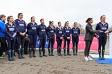 The Cancer Research UK Women's Boat Race 2018: The crew of Oxford reserve boat Osiris at the toss - cox Eleanor Shearer, 7 seat Olivia Pryer, 6 Sanja Brolih, 5 Sarah Payne Riches, 4 Rachel Anderson, 3 Madeline Goss, 2 Laura Depner, bow Matlida Edwards, Zahara Alacia, the young lady that will throw the coin, and stroke Anna Murgatroyd.
River Thames between Putney Bridge and Mortlake,
London SW15,

United Kingdom,
on 24 March 2018 at 14:55, image #70